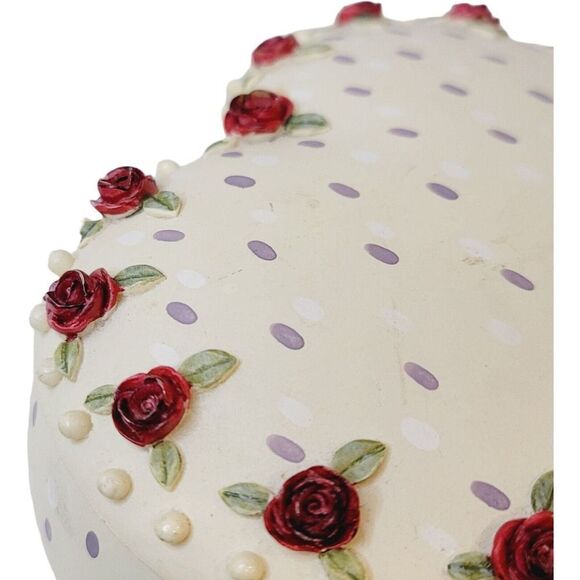 Vintage Large Heart Shaped Lidded Trinket Box With 3D Flowers Hand Painted - Picture 9 of 14
